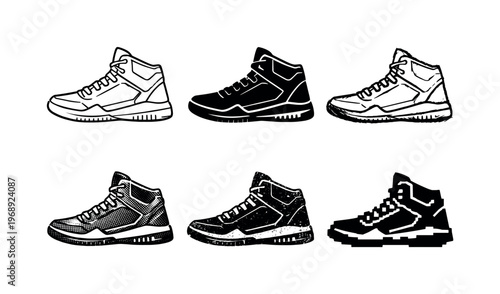 High-top basketball sneaker designed for ankle support and traction on polished court surfaces | Create ONE image containing