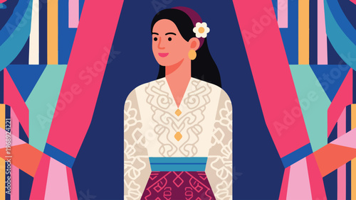 Illustration Of Indonesian Woman In Traditional Kebaya Vector Design Template