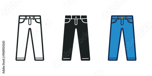 Denim Icon Trio. Mixing daily outfits involves denim jeans symbols positioned side by side in a straight horizontal arrangement,