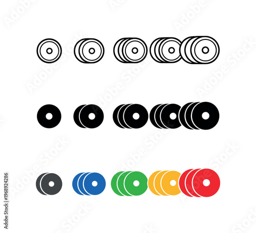 Strength progress outcome expressed through repeated barbell plate symbols placed horizontally, same circular disc contour and
