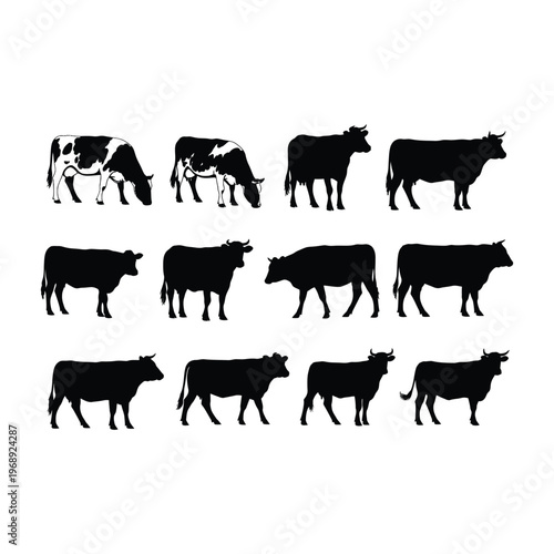 A collection of black silhouettes depicting various cows in different poses