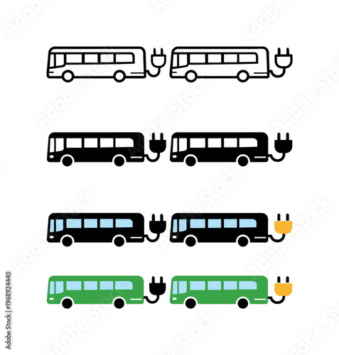Sustainable commuting outcome expressed through repeated electric bus with plug symbols placed horizontally, same elongated