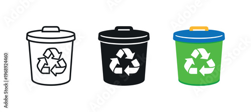 Encouraging responsible disposal involves trash can with recycling arrows symbols positioned side by side in a straight