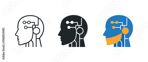 Machine learning concept illustrated by matching robotic head icons aligned horizontally with identical facial outline shape and