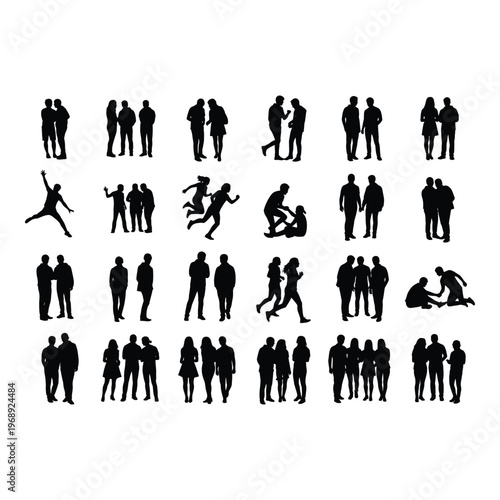 Collection of diverse black silhouettes depicting various human poses and interactions