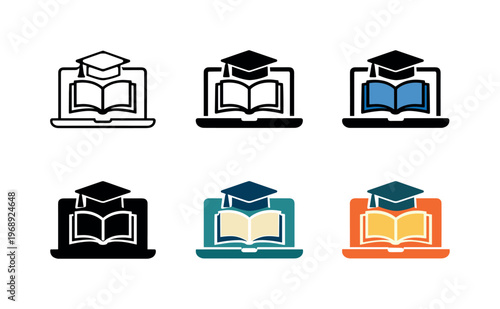 Symbol representing online learning platforms, illustrated through a laptop silhouette combined with an open book and a subtle