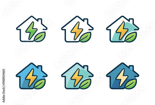Symbol representing optimized consumption of power, combining a compact house silhouette with a lightning bolt and a small leaf