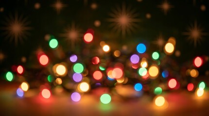 Vibrant multi-colored fairy lights on dark background with bokeh effect