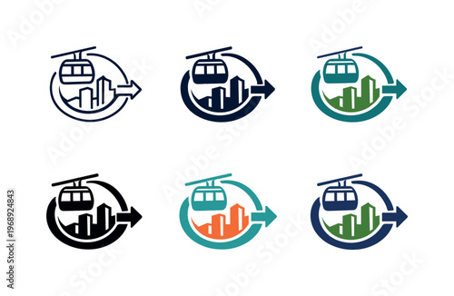 Emblem communicating integrated municipal commuting solutions formed by a cable car contour integrated with a directional arrow