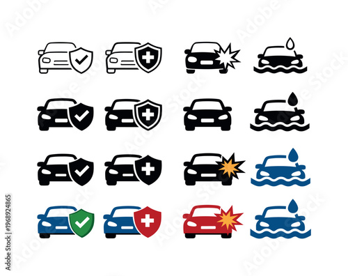 Collection of car insurance icons representing protection, accidents, and water damage