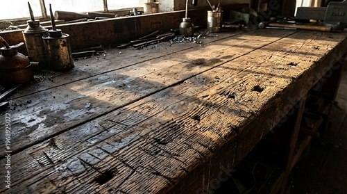 Vintage wooden workbench with tools in a workshop