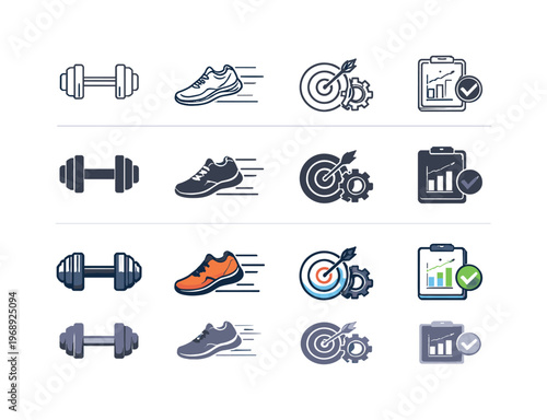 Icon object one for strength training, icon object two for endurance practice, icon object three for skill development, and icon