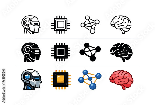 Robot head for machine intelligence, microchip for processing power, neural network nodes for data learning, and brain for