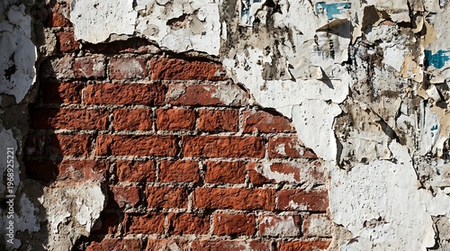 Close-up of weathered red brick wall with peeling plaster