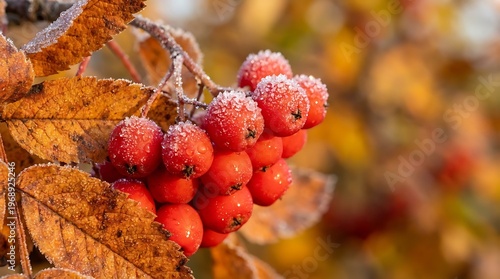 frosted red rowan berries on a branch with autumn leaves