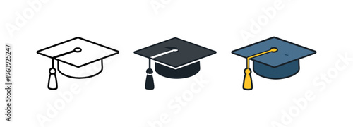 Virtual growth metaphor symbolized by matching graduation caps aligned left to right, uniform mortarboard shapes and tassel