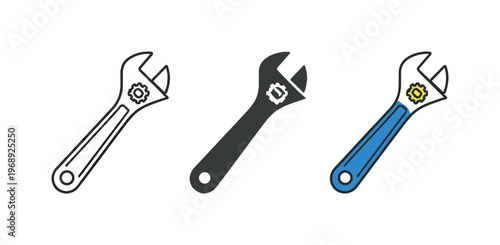 Asset care metaphor symbolized by matching adjustable wrenches aligned left to right, uniform jaws handles and angles isolated on