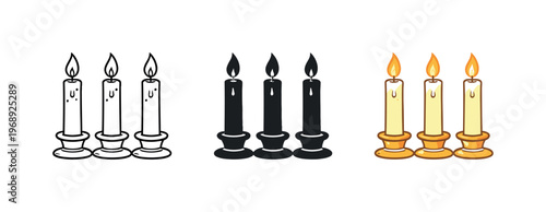 Guiding wisdom metaphor symbolized by matching lit candles aligned left to right, uniform flame shapes and holders isolated on a