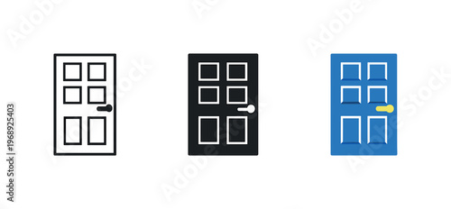 Gateway to ownership symbolized by uniform front door icons aligned left to right, identical panels and handle placement evenly