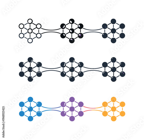 Web linkage metaphor expressed using matching connected node clusters aligned left to right, uniform circular points and linking