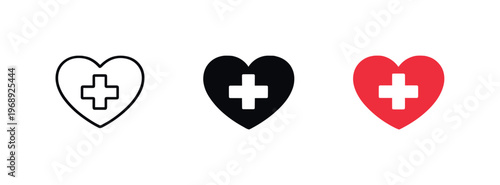 Wellness safeguard metaphor symbolized by matching heart-plus icons aligned left to right, uniform heart contours and medical