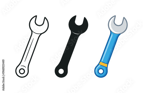 System tuning metaphor symbolized by matching wrench icons aligned left to right, uniform handle lengths and jaw shapes isolated