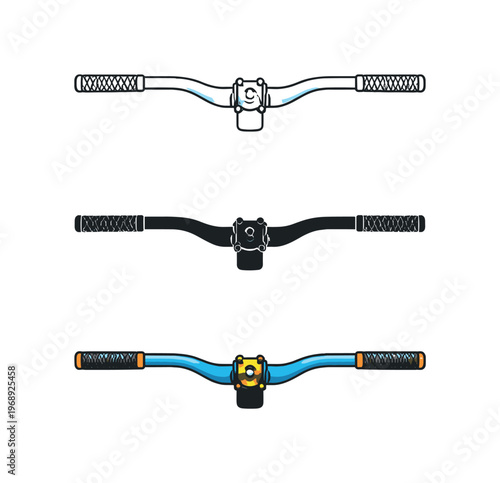 Grip and control symbolized by consistent handlebar assemblies aligned left to right, same grips, stems, and angles isolated on a