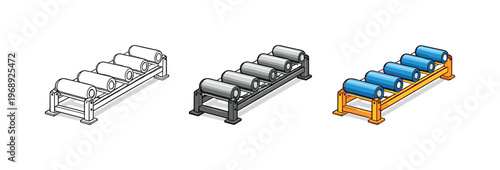 Conveyor Roller Metaphor. Operational flow metaphor symbolized by matching conveyor rollers aligned left to right, uniform