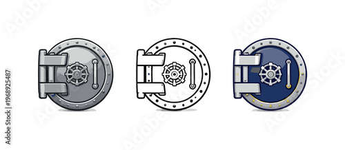 Trust barrier metaphor symbolized by matching closed vault doors aligned left to right, uniform circular doors and handle