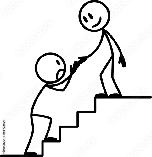 Stick figure helping another person up the stairs, symbolizing support, teamwork, mentorship, and overcoming challenges together