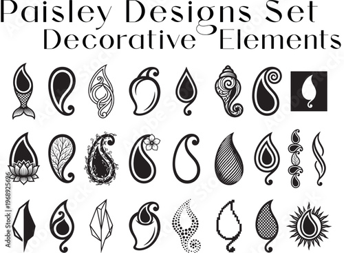 A collection of decorative paisley and floral-inspired vector elements in black and white, ideal for graphic design and ornamentation.