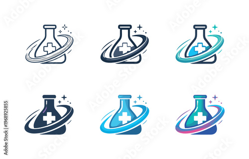 Symbol expressing healthcare science advancement, shaped as a modern biomedical mark paired with dynamic development cues,