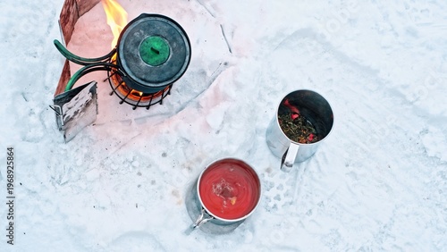 Warm Drinks Prepared on Paraffin Wax Stove during Winter Hiking Trip
