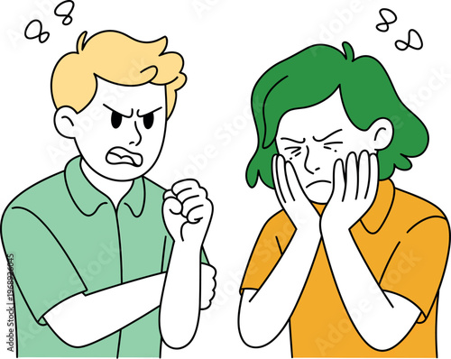 Angry man shouting at a stressed woman holding her head