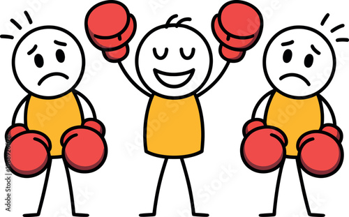 Stick figure boxer celebrating victory while two opponents look sad and defeated