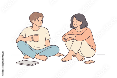 Two friends enjoying shared time together in relaxed posture, seated comfortably with minimal props emphasizing simplicity and