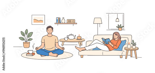 Couple unwinding into calm lifestyle rhythm at home, balanced composition with open space and gentle posture emphasizing