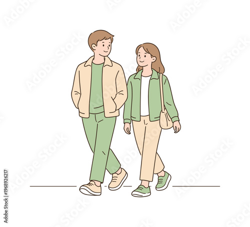 Man woman spring stroll walking side by side with relaxed smiles and light jackets, minimalist flat vector illustration with thin
