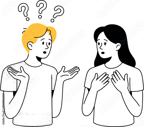 Confused young man and woman talking