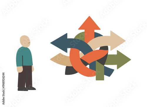 Individual facing overlapping path markers that blur direction, reflecting uncertainty in career shaping. Stylized editorial