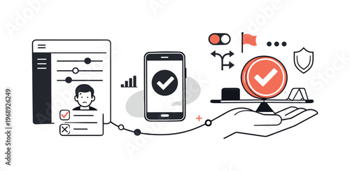 Modern minimal flat vector conceptual collage, crisp hard edges, consistent THIN outline stroke, rounded corners where needed,