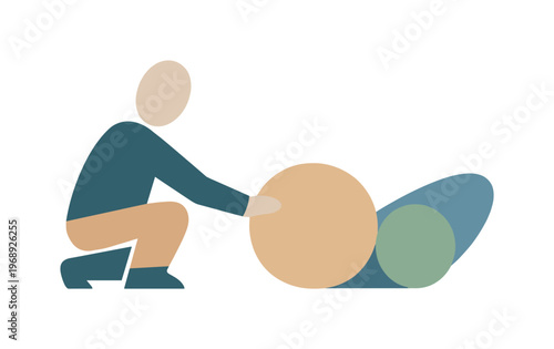 Human figure repositioning a second abstract element closer, recognizing connections beyond a single focal point. Stylized