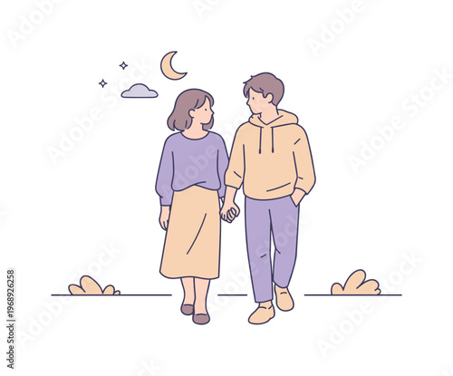 Man woman holding hands in a quiet evening setting, walking slowly and staying close together, minimalist flat vector