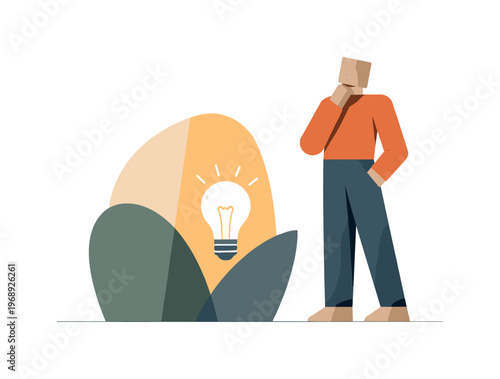 Individual standing beside a single dominant abstract form, recognizing a central insight. Stylized editorial character