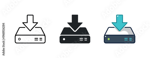 Saving process unfolding as a downward arrow entering a storage drive enclosure with clean geometric form, same geometry