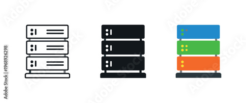 Data security concept represented by a server tower with stacked rectangular modules and indicator lights, identical silhouette