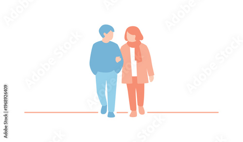 Tranquil Stroll Together. Two people walking quietly along empty street, minimal ground line and gentle interaction conveying