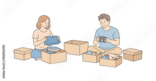 Couple decluttering apartment together while sorting items into simple boxes and smiling calmly, minimalist flat vector