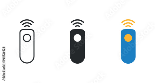 Effortless control outcome visualized by a handheld remote with one main button and small signal arc integrated, identical