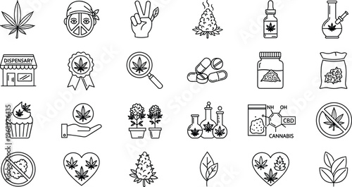 Cannabis marijuana line icon set, medical hemp CBD symbols vector outline modern dispensary herbal plant collection design therapy wellness industry